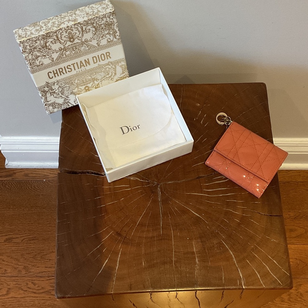 Lady Dior Coral Cannage Patent Leather Wallet with Charm